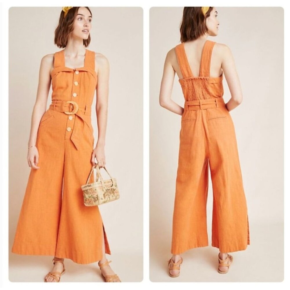 Anthropologie Cape Cod Jumpsuit 4 Orange Belted Wide Leg Summer Boho Festival Li